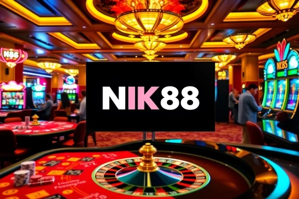 Players enjoying NK88 casino games amidst vibrant slot machines and poker tables.