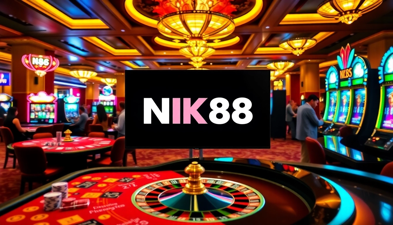Players enjoying NK88 casino games amidst vibrant slot machines and poker tables.