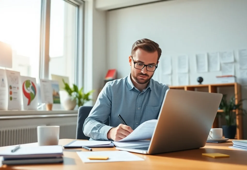 Traducteur assermenté professionnel travaillant sur des documents de traduction officiels dans un bureau moderne.