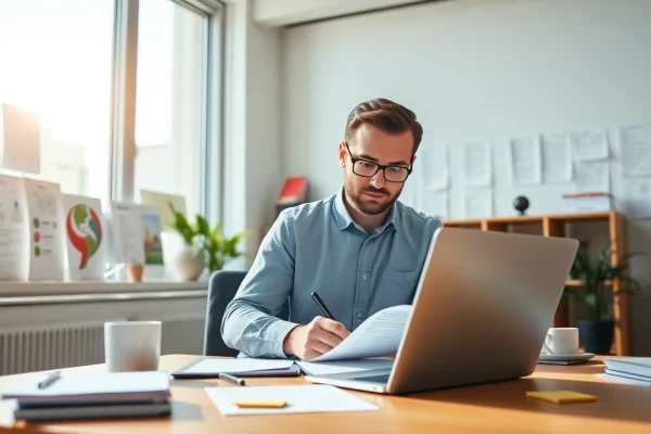 Traducteur assermenté professionnel travaillant sur des documents de traduction officiels dans un bureau moderne.