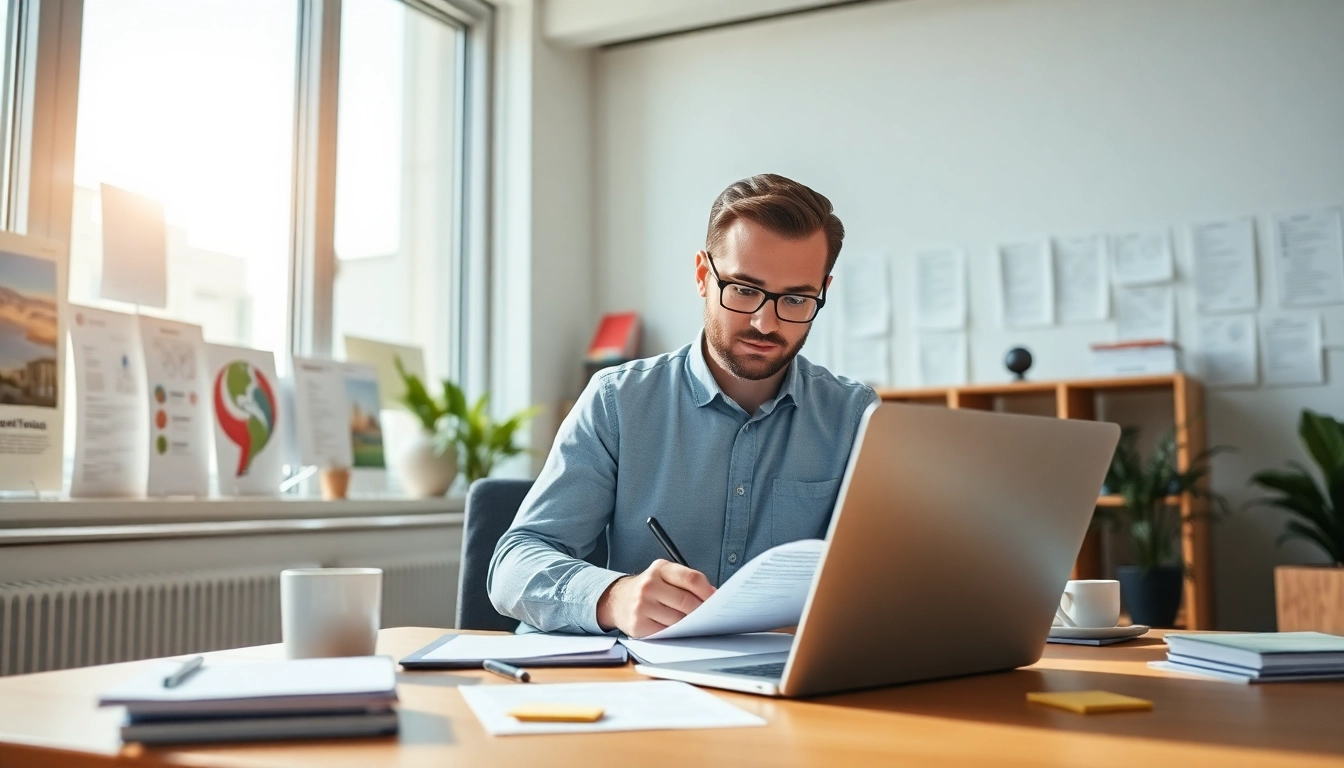 Traducteur assermenté professionnel travaillant sur des documents de traduction officiels dans un bureau moderne.