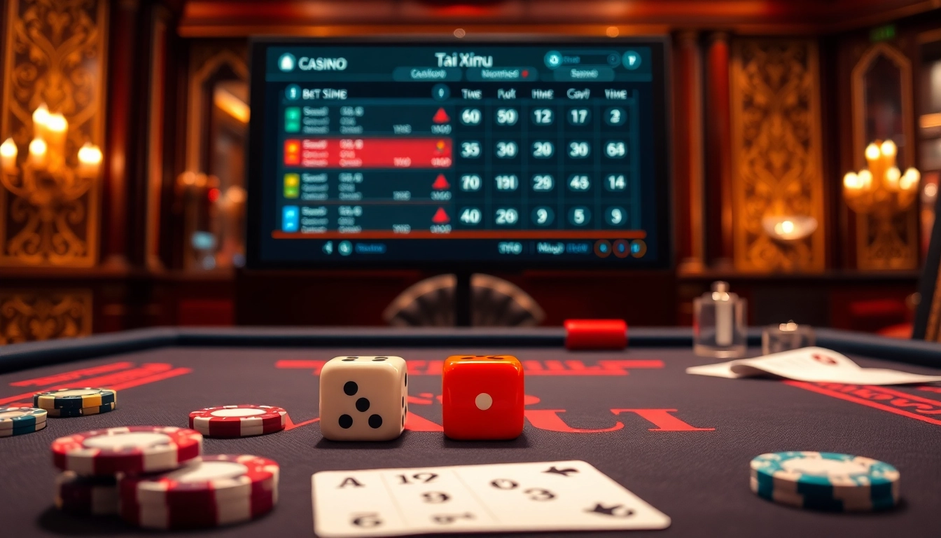 Engaging scene of players enjoying tài xỉu md5 in a vibrant online casino setup with dice and chips.