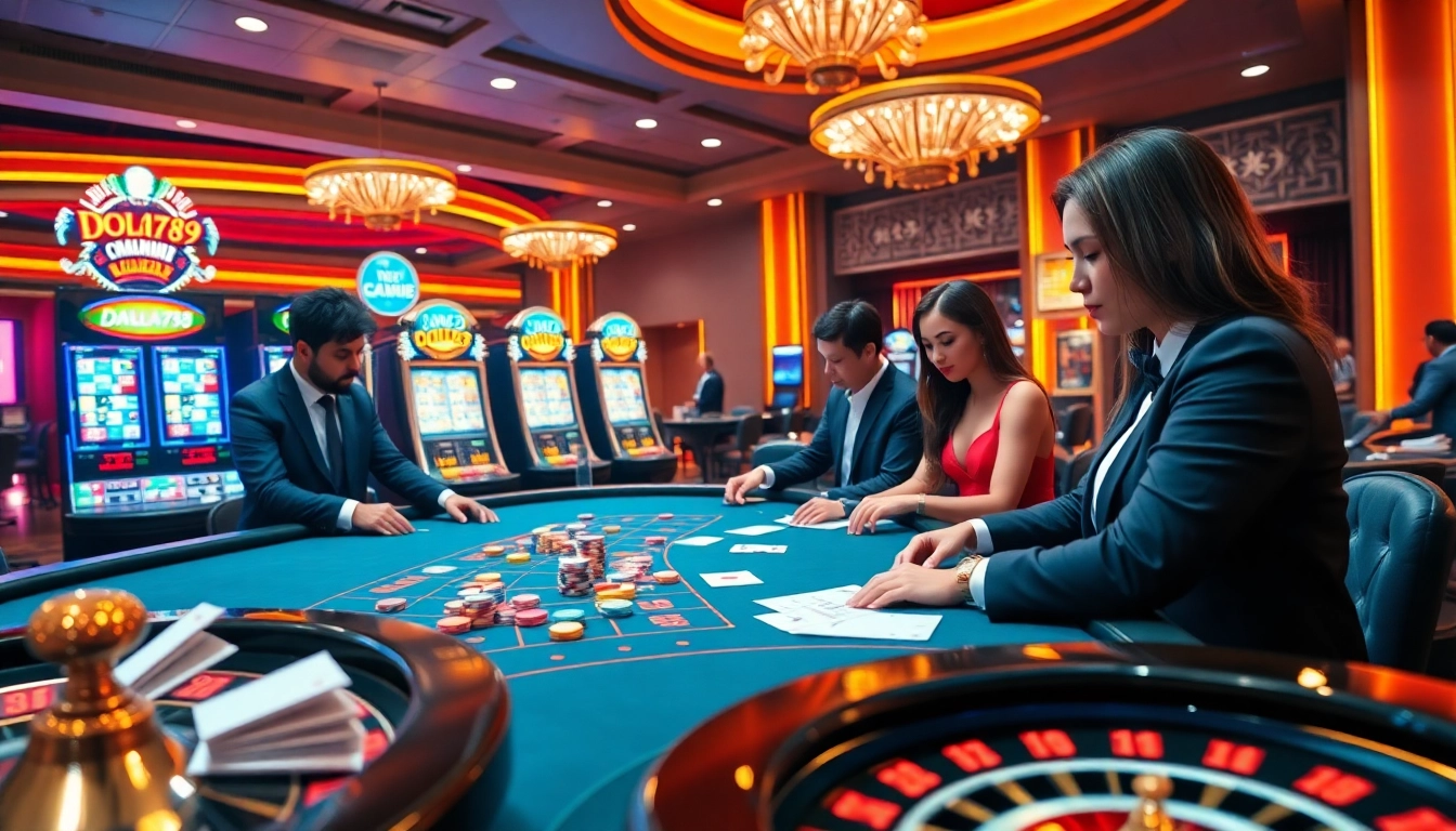 DOLA789 offers a dynamic online gaming experience with vibrant poker chips and a thrilling roulette wheel.