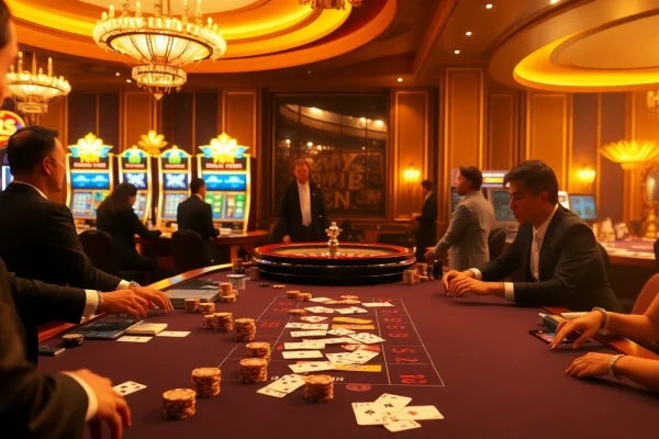 Exciting scene of high-stakes gambling at Nhà cái SV388 casino, featuring poker chips and a roulette wheel.