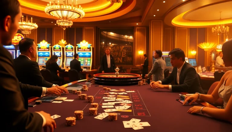 Exciting scene of high-stakes gambling at Nhà cái SV388 casino, featuring poker chips and a roulette wheel.