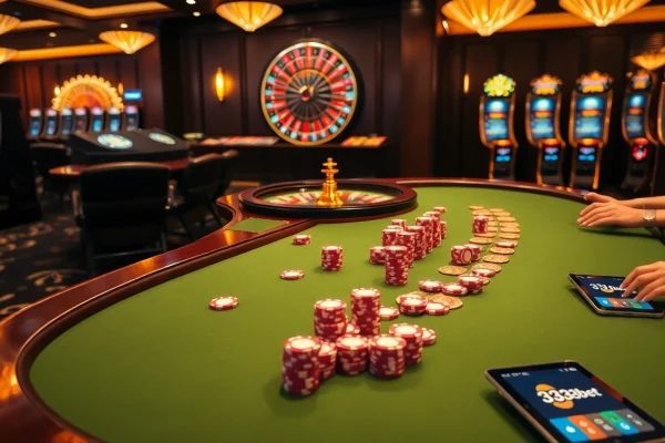 Exciting gambling atmosphere at 333bet casino with vibrant tables and modern gaming interfaces.