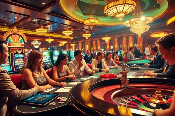 Play engaging casino games with cwin at a luxurious gaming table in a vibrant atmosphere.