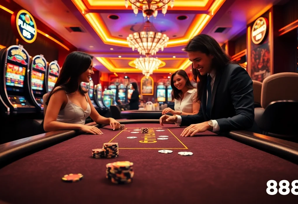 Players enjoy thrilling blackjack and vibrant slot machines at 888b casino, showcasing excitement and luxury.