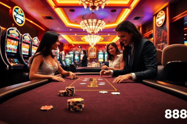 Players enjoy thrilling blackjack and vibrant slot machines at 888b casino, showcasing excitement and luxury.