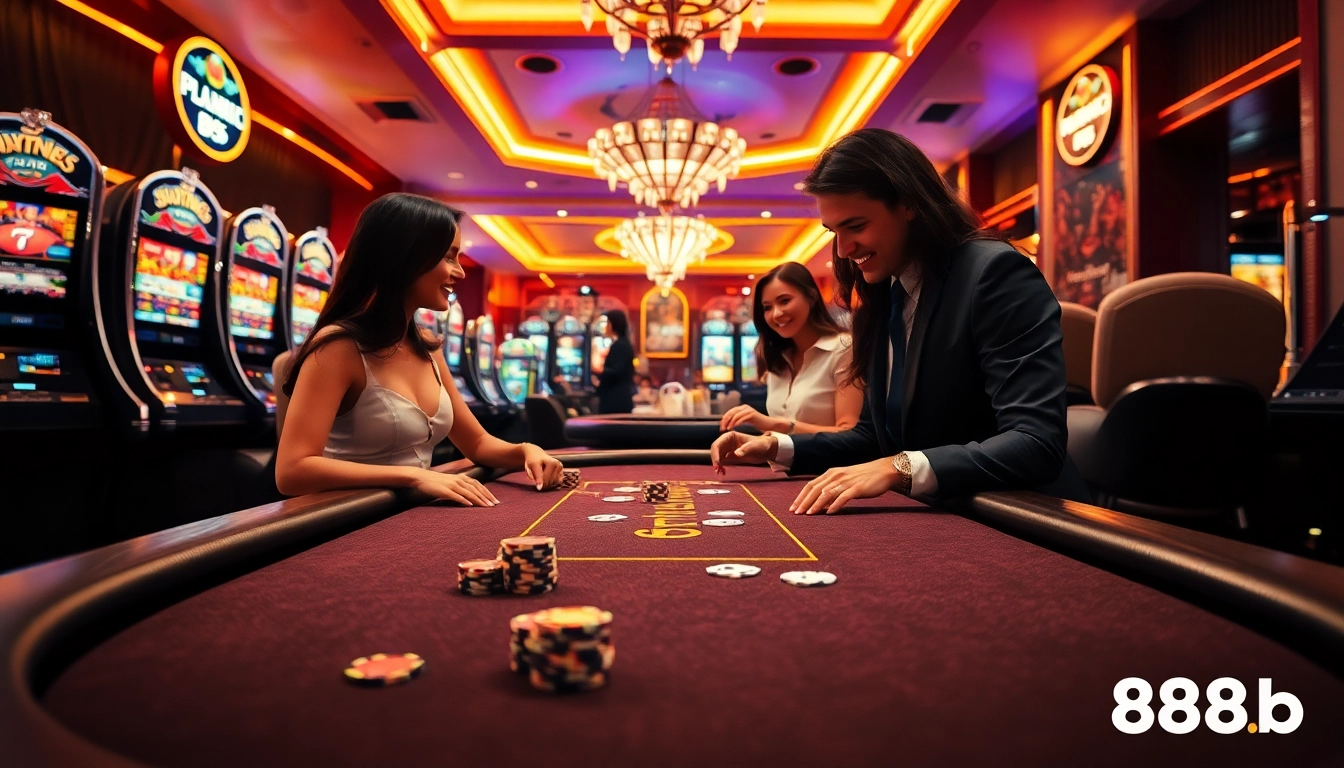 Players enjoy thrilling blackjack and vibrant slot machines at 888b casino, showcasing excitement and luxury.