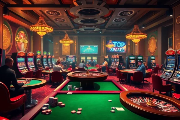 Experience excitement at https://topclub.space/ with players enjoying casino games and vibrant decor.