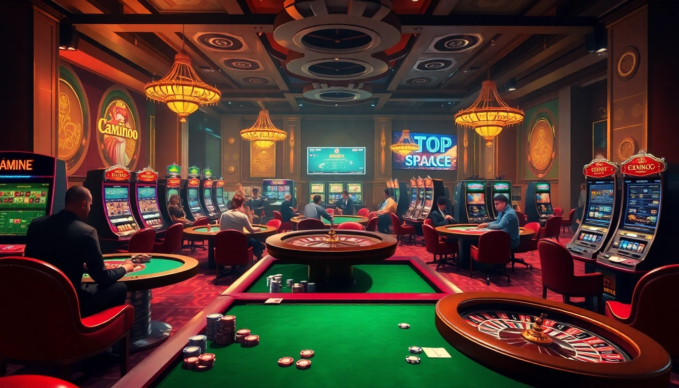 Experience excitement at https://topclub.space/ with players enjoying casino games and vibrant decor.