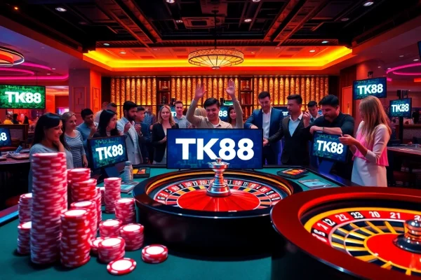 Experience thrilling gameplay at https://tk88t.org/ with poker chips and a roulette wheel in a vibrant casino scene.