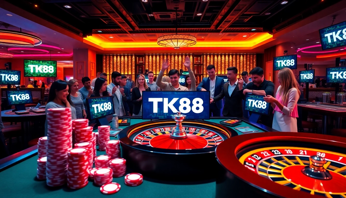 Experience thrilling gameplay at https://tk88t.org/ with poker chips and a roulette wheel in a vibrant casino scene.