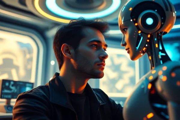 Engaging scene of a user interacting with an ai sex bot in a futuristic setting, highlighting emotional connection and innovation.