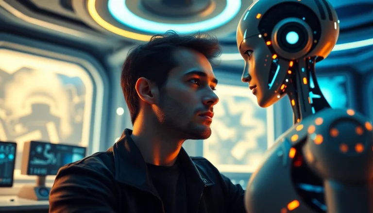 Engaging scene of a user interacting with an ai sex bot in a futuristic setting, highlighting emotional connection and innovation.