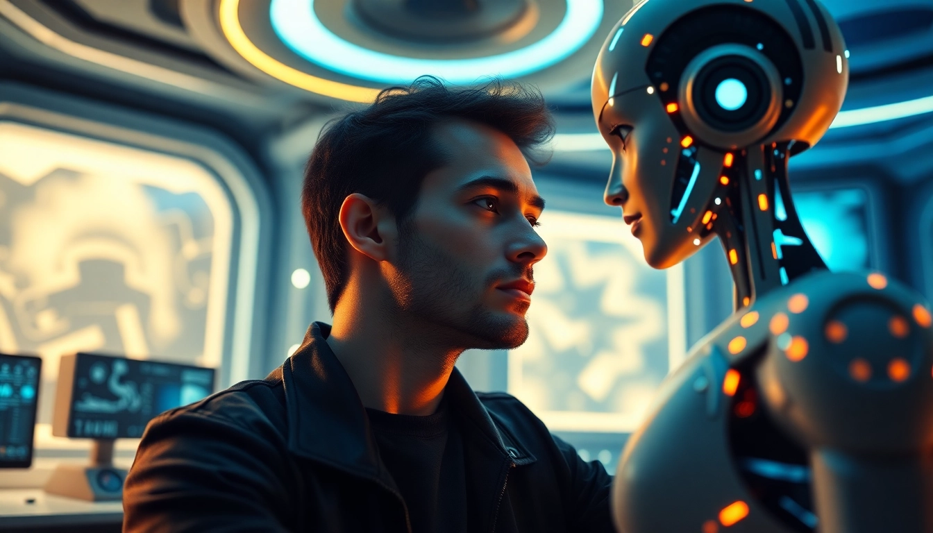 Engaging scene of a user interacting with an ai sex bot in a futuristic setting, highlighting emotional connection and innovation.
