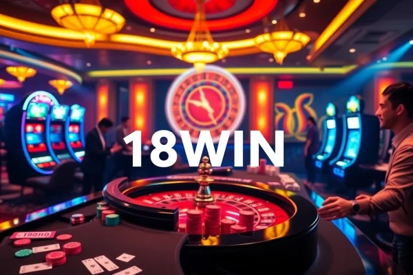 Players enjoying high-energy casino games at 18WIN, featuring vibrant slot machines and a roulette wheel.
