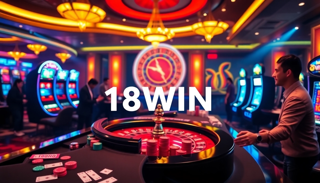 Players enjoying high-energy casino games at 18WIN, featuring vibrant slot machines and a roulette wheel.