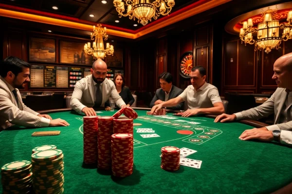 Experience high-stakes poker action at F168's luxurious casino tables with vibrant chips and cards.
