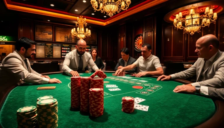 Experience high-stakes poker action at F168's luxurious casino tables with vibrant chips and cards.