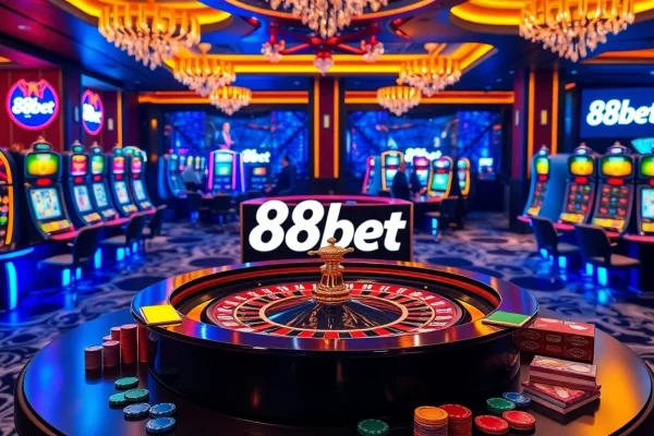 A vibrant casino scene showcasing exciting gambling elements with 88bet logos on screens.