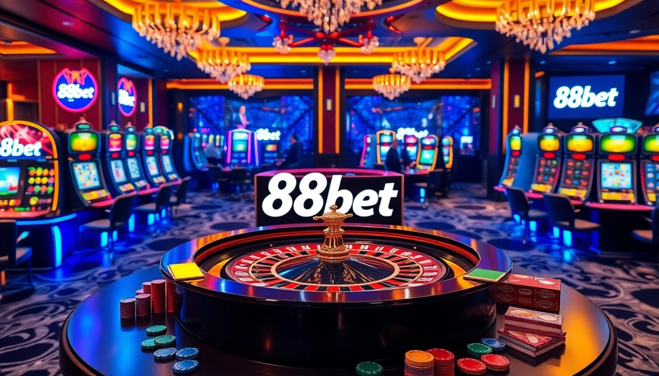 A vibrant casino scene showcasing exciting gambling elements with 88bet logos on screens.