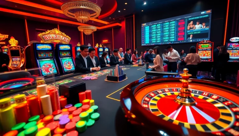 Engaging gambling action at Nhà cái DU388 with vibrant poker chips and slots.