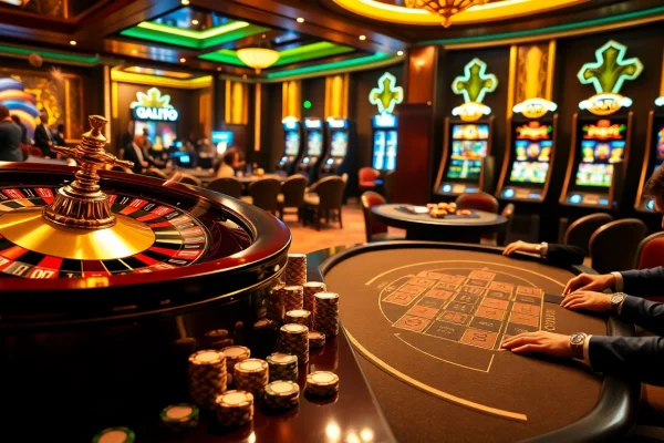 Dynamic gaming scene highlighting Nhà cái GACAM888 with poker, roulette, and vibrant slot machines.