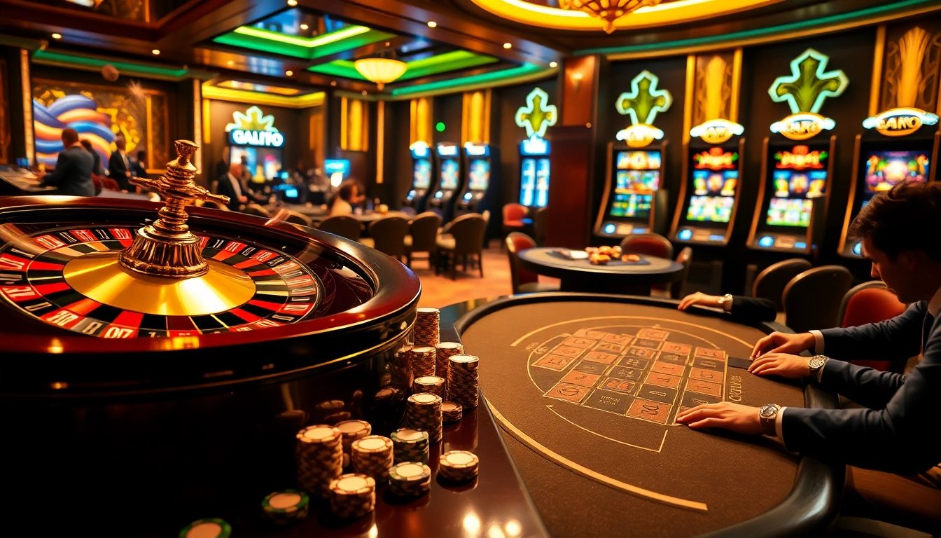 Dynamic gaming scene highlighting Nhà cái GACAM888 with poker, roulette, and vibrant slot machines.