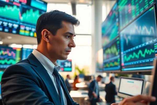 Analyzing tendances des marchés financiers avec un analyste dans un bureau moderne.