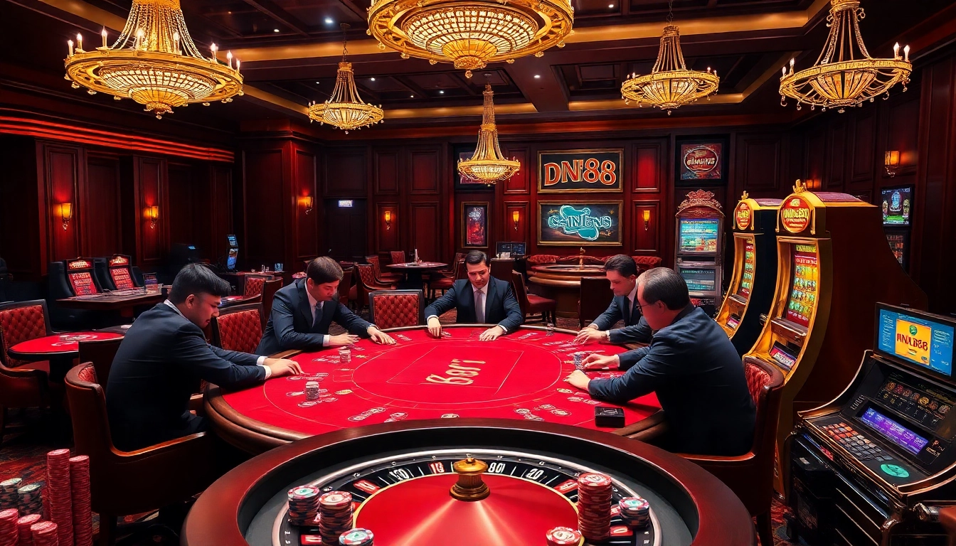 Engaging gamblers in a luxurious casino scene with DN88 poker chips on display.