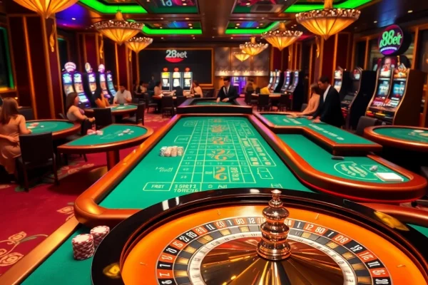 Excited players engaging at tables and machines on a vibrant 28Bet-themed casino floor.