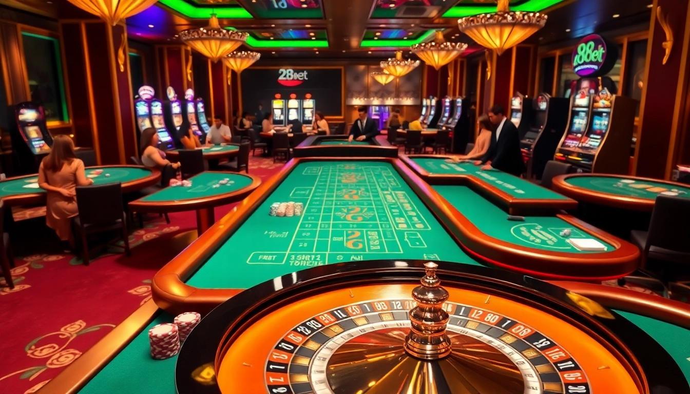 Excited players engaging at tables and machines on a vibrant 28Bet-themed casino floor.