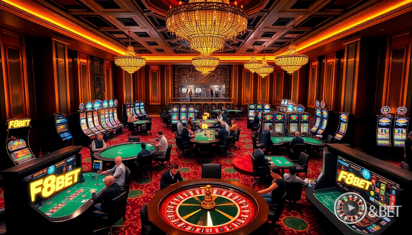 Players enjoying the exhilarating atmosphere at the F8BET casino, featuring roulette and poker games.