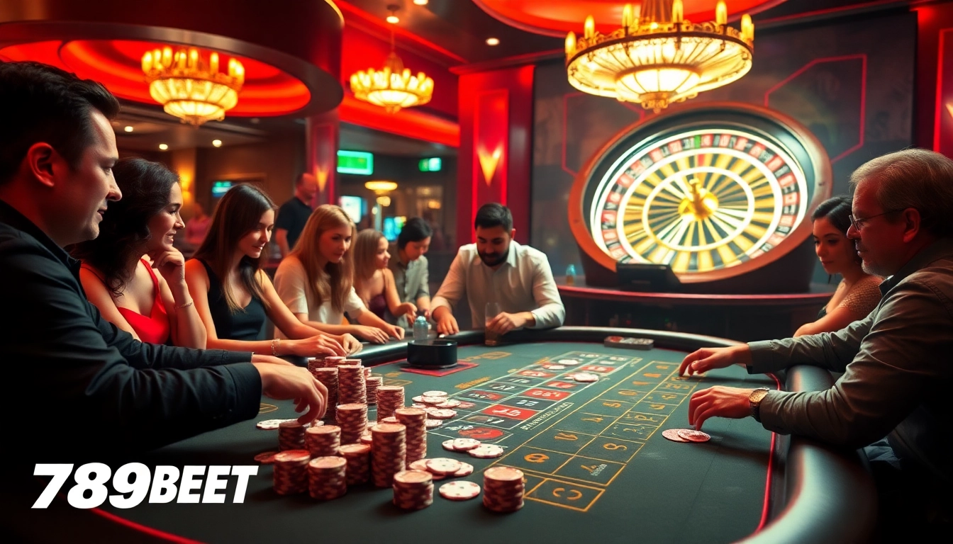 Players enjoying a thrilling game at the 789BET casino table, showcasing vibrant gambling action.