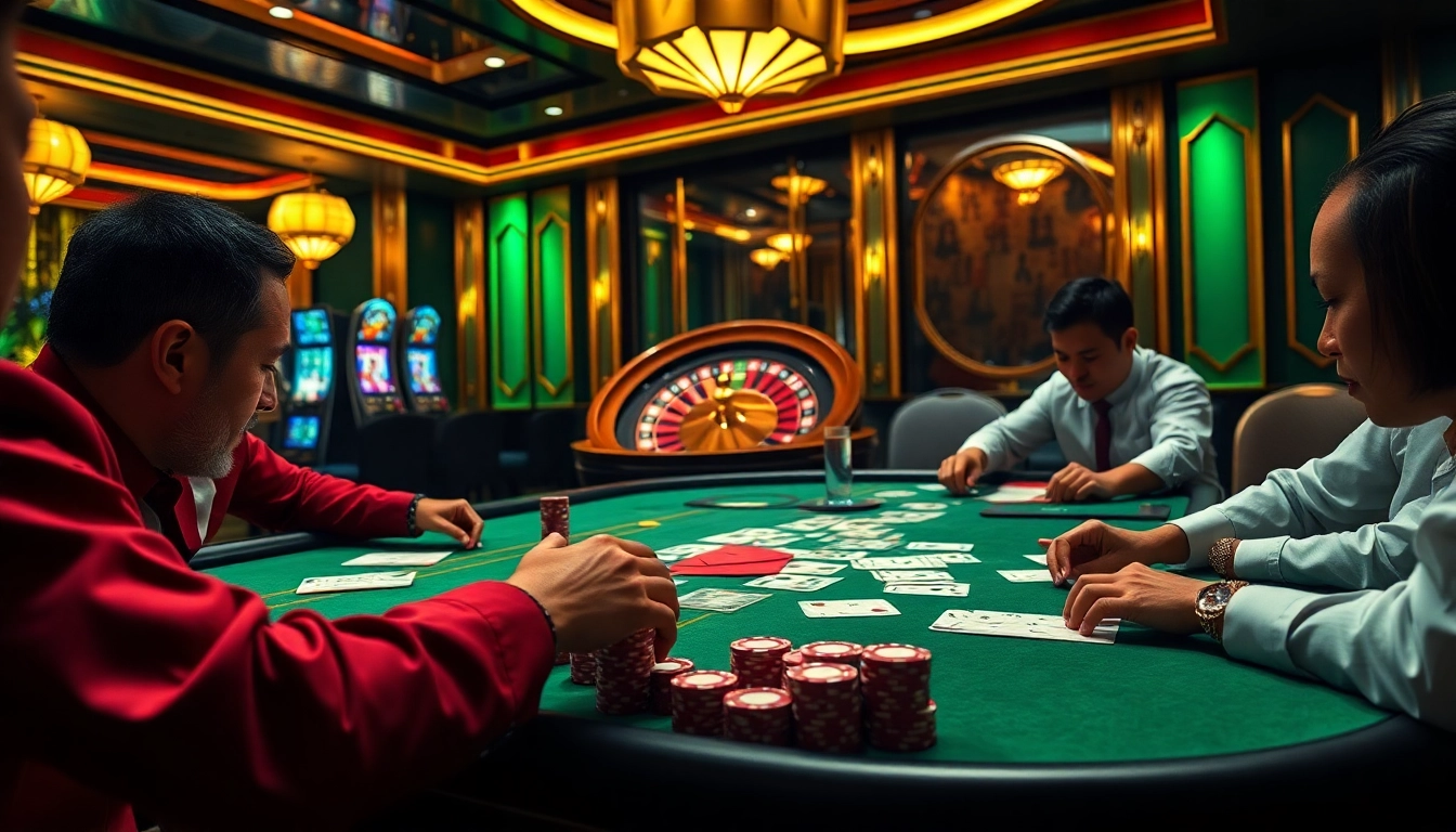 Engage in high-stakes action at Link Dabet with players at a luxurious poker table surrounded by excitement.