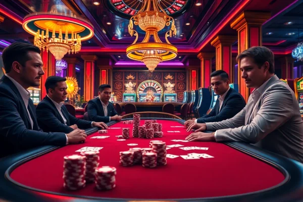 High-stakes poker action at https://s8net.com/ with vibrant lighting and professional players.