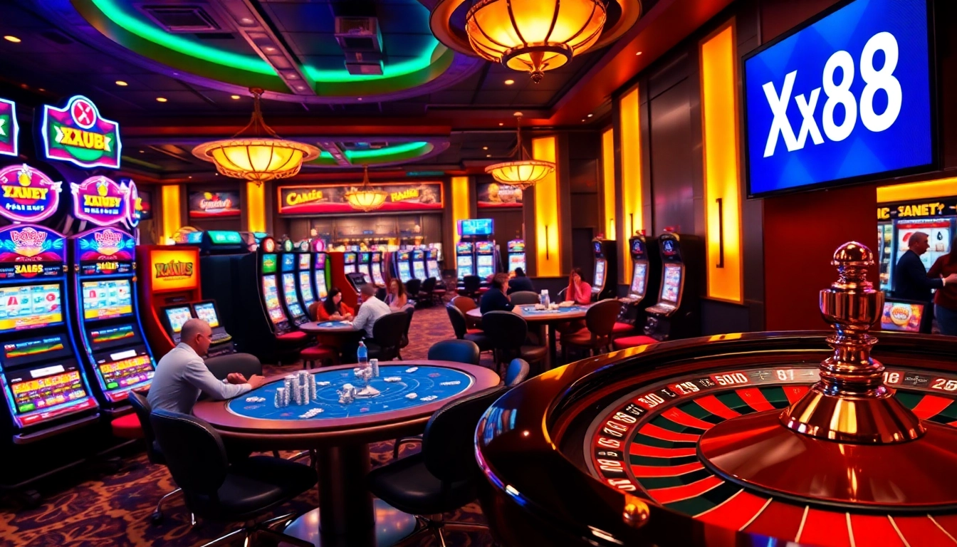 Xx88 slot machines and poker tables in a luxurious casino environment.