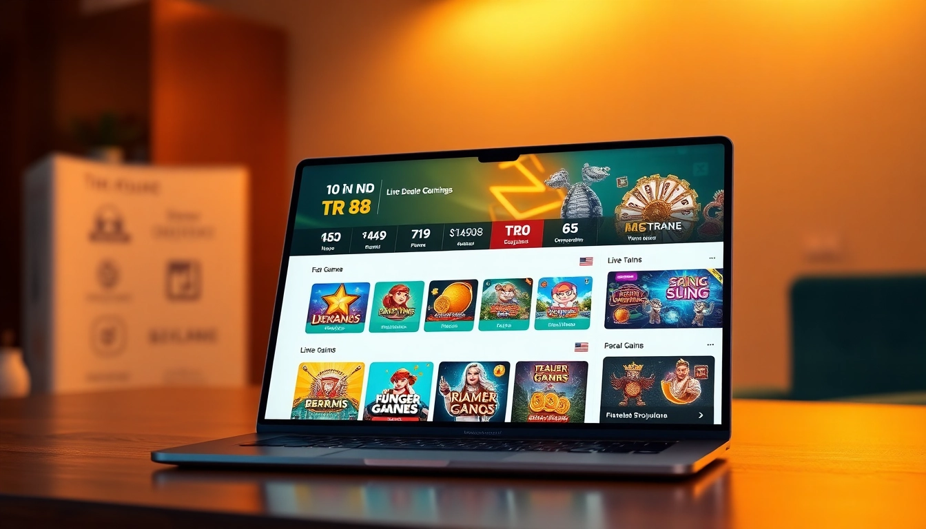 Interactive interface of TR 88 showcasing diverse game selection and user-friendly design for online entertainment.