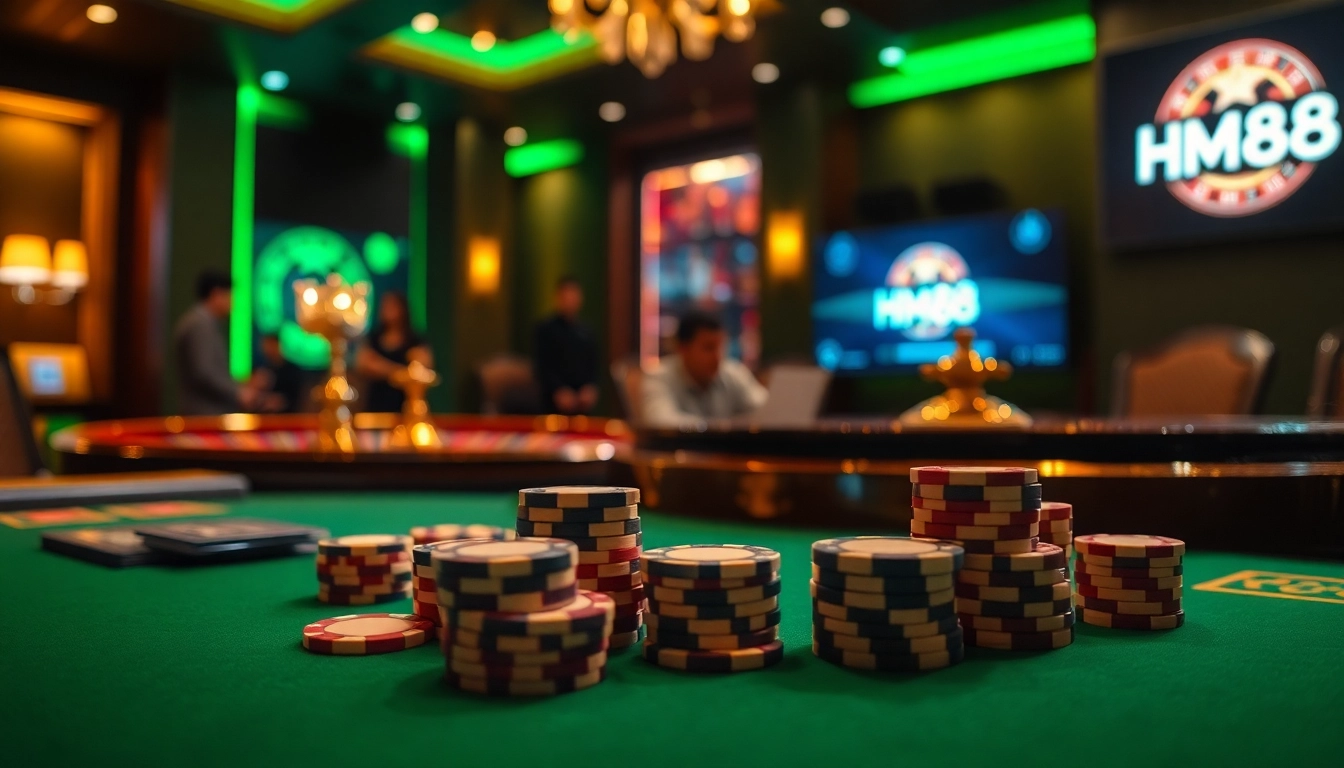 Players strategizing at a luxurious casino table featuring HM88 poker chips and cards.