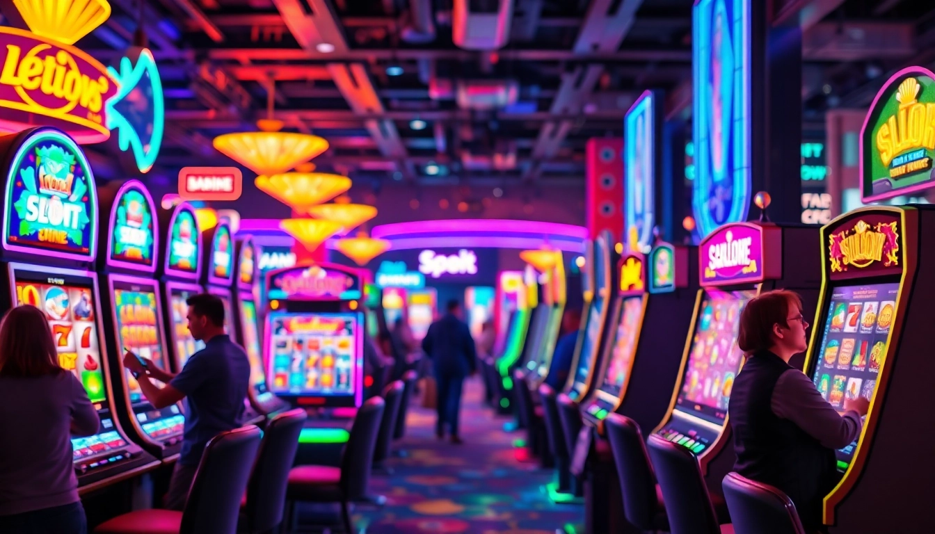 Découvrez des machines à sous en ligne sans dépôt avec une atmosphère de casino animée et colorée.