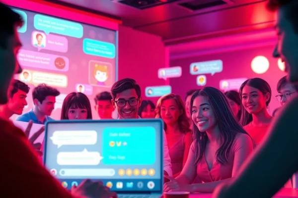 Engaging scene of a diverse sex chat room with animated avatars and vibrant chat bubbles.