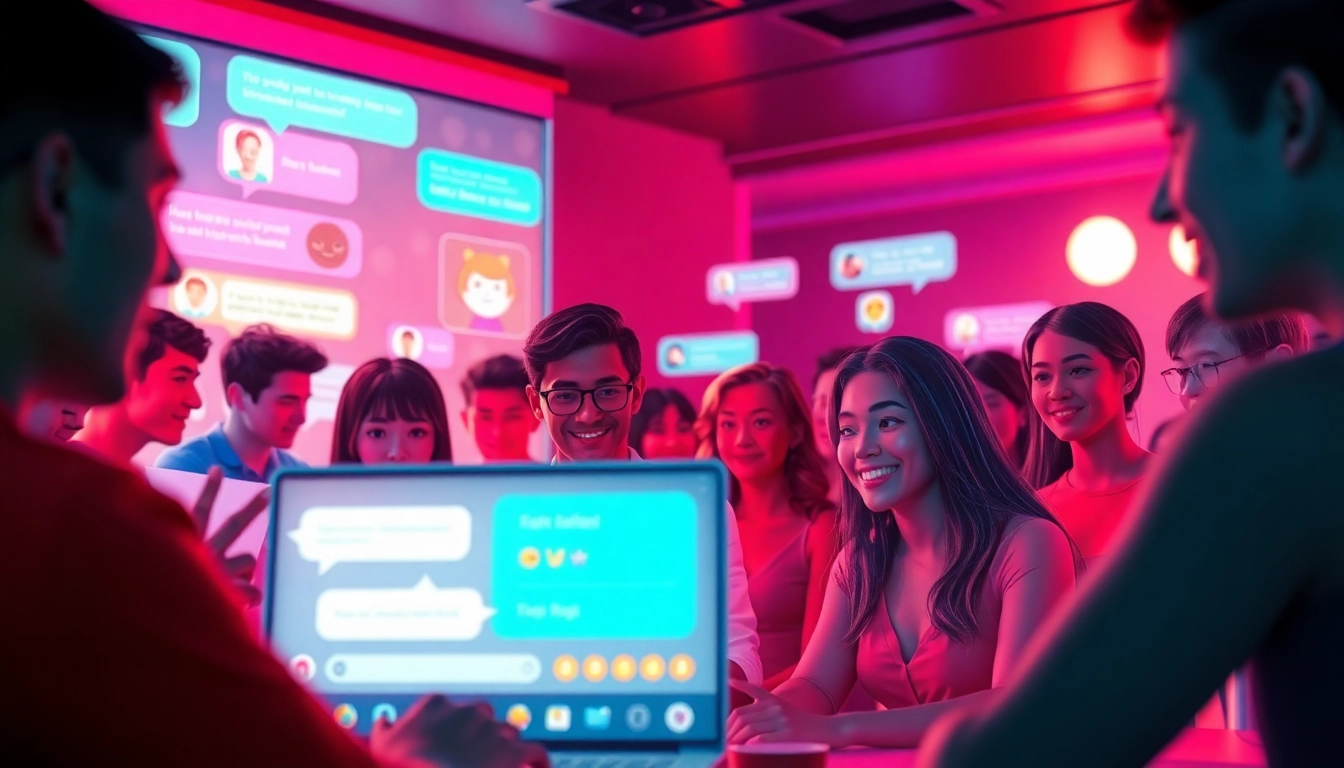 Engaging scene of a diverse sex chat room with animated avatars and vibrant chat bubbles.