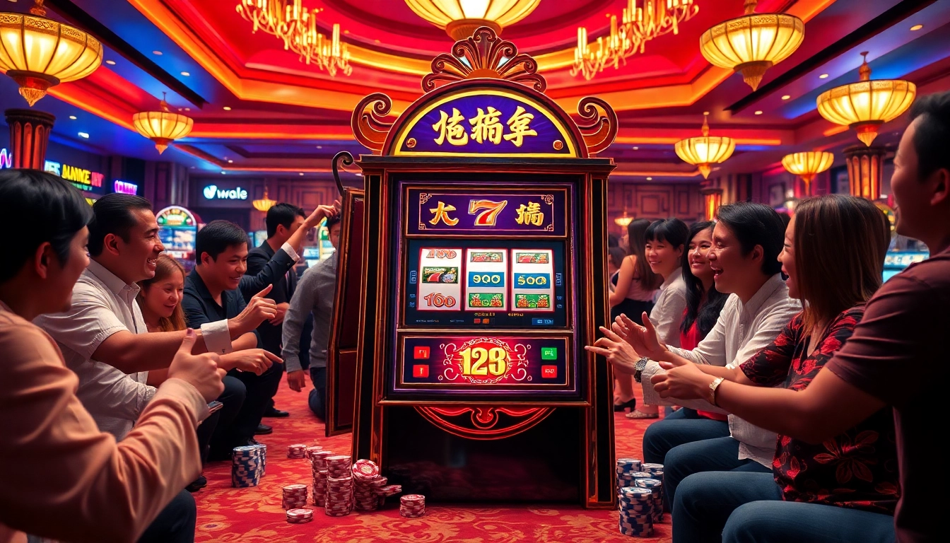 Players engaged in the thrilling nổ hũ slot machine experience, capturing excitement in a luxury casino.