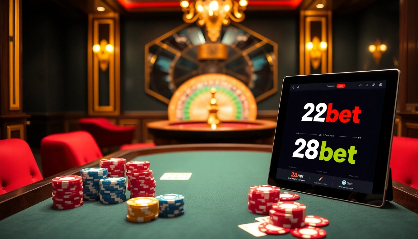 28bet casino experience showcasing vibrant poker chips and an elegant roulette wheel.