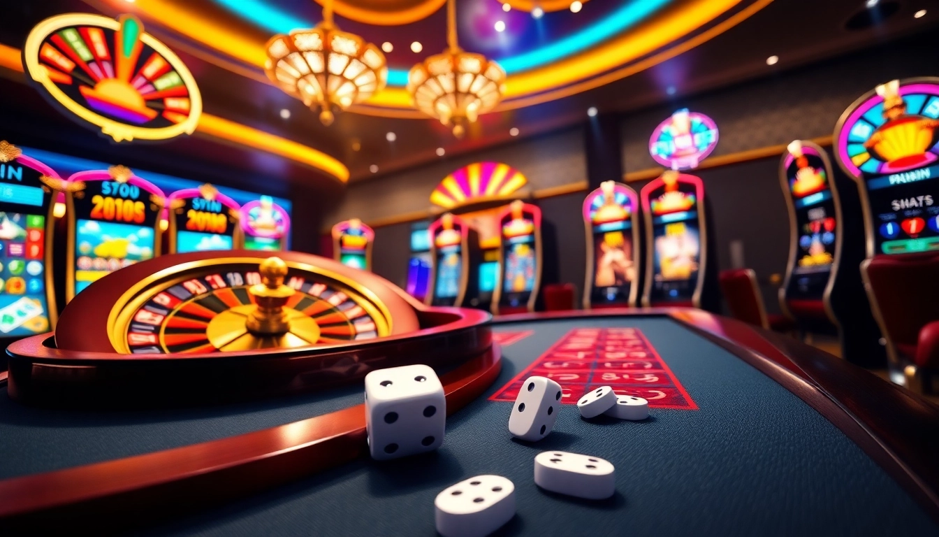 Exciting gameplay at 98win com featuring roulette and poker tables in a vibrant casino environment.