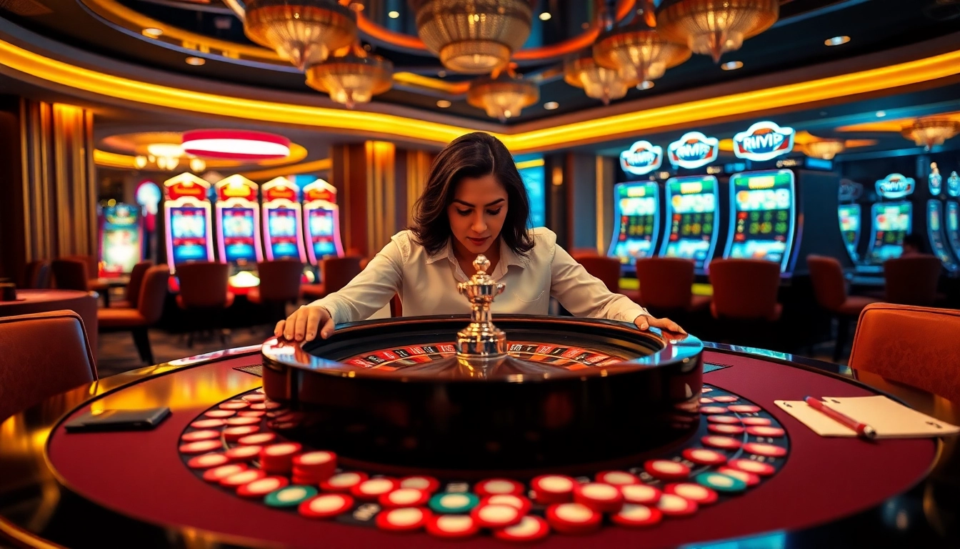 Experience the excitement of RIKVIP at a luxurious casino table with vibrant slot machines.