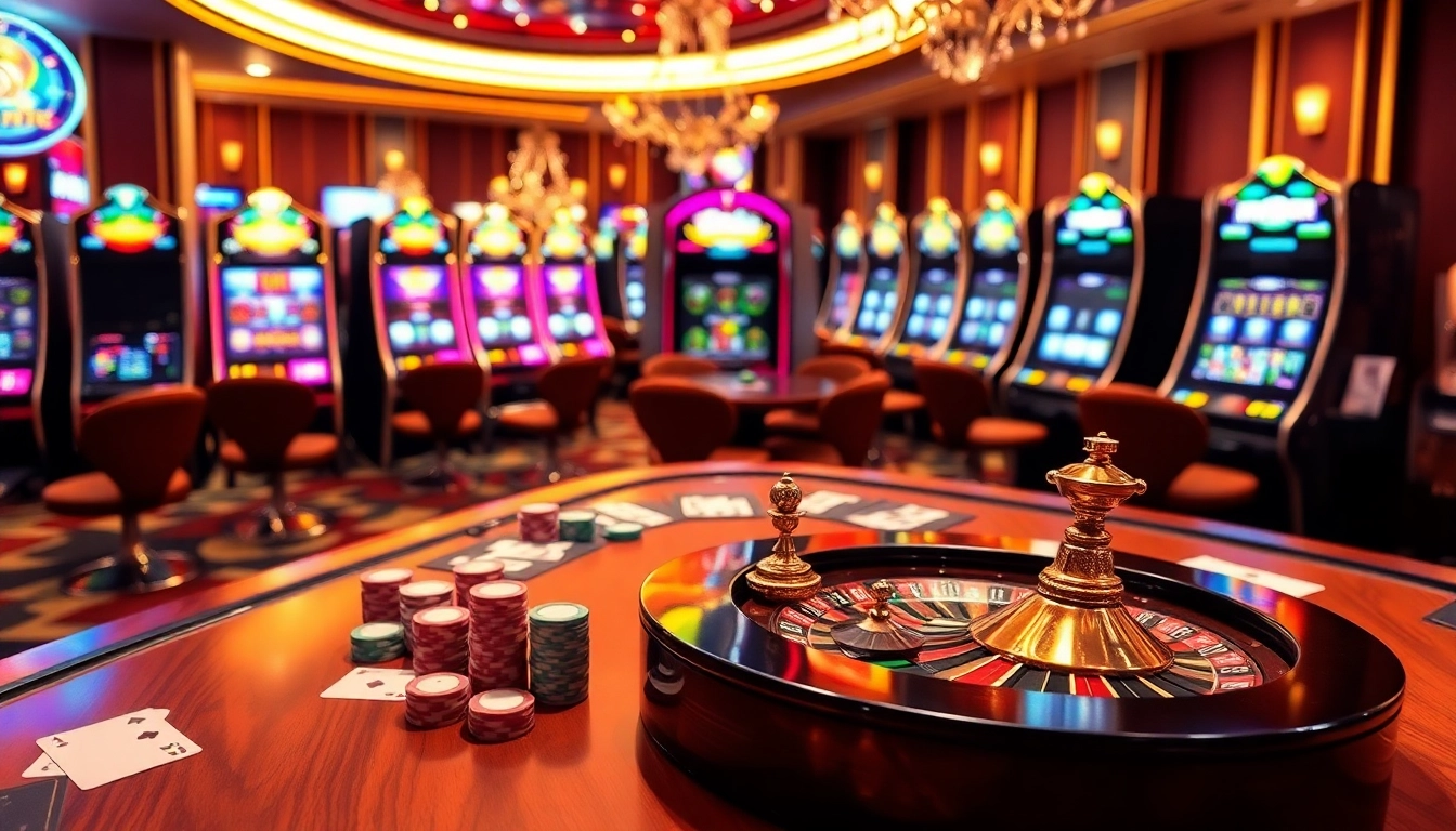Exciting scene depicting casino français sans kyc with vibrant tables, roulette wheels, and slot machines.