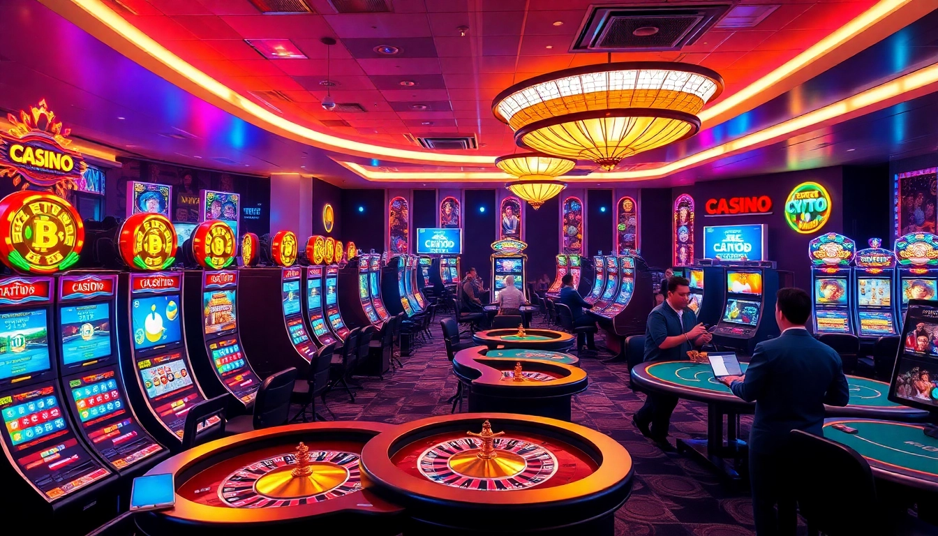 Crowd enjoying games in crypto casinos with vibrant slot machines and roulette wheels.